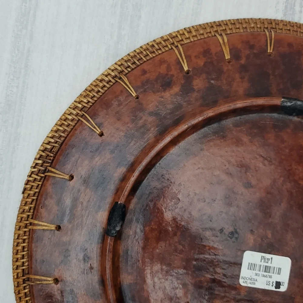 Pier 1 Imports Brown Tortoise Design 14” Wicker Border Catchall Bowl